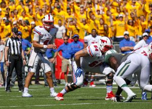 SMU Mustangs quarterback Ben Hicks (8) reads the Baylor Bears defense pre-snap at McLane Stadium in Waco, Texas.