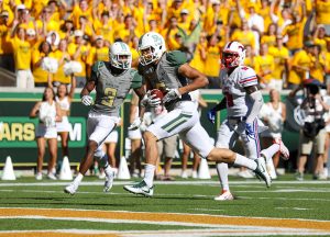 Baylor Bears wide receiver Blake Lynch (2) trots into the end zone for touchdown against the SMU Mustangs at McLane Stadium in Waco, Texas.