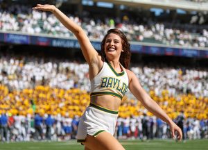 Baylor Bears cheerleader celebrates after a touchdown at McLane Stadium in Waco, Texas.