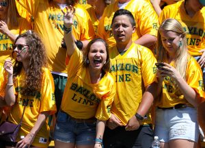 The Baylor Line celebrate after a defensives stop in the first quarter against the SMU Mustangs at McLane Stadium in Waco, Texas.