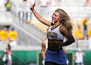 Baylor Bears cheerleader celebrates after a touchdown at McLane Stadium in Waco, Texas.