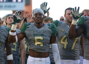 Baylor Bears safety Henry Black (6) celebrates after a 40-13 victory over the SMU Mustangs at McLane Stadium in Waco, Texas.